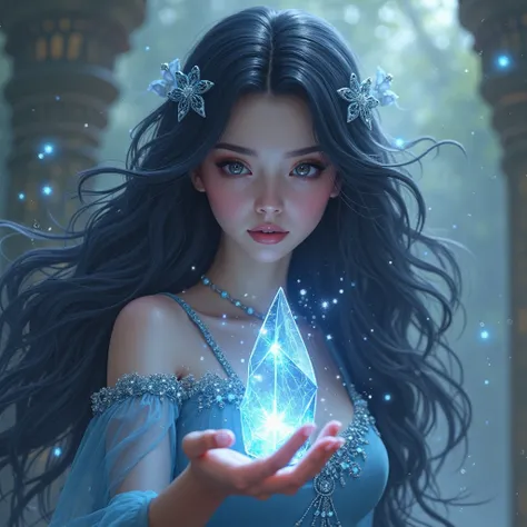 Princess blue and blue-black hair. She has a glowing crystal in her hand.



