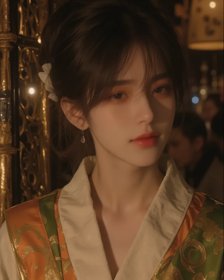 (((Bare chest exposure is prohibited)))，((( male)))，設計一個和服氣質優雅 male角色，25 years old ，Japanese women's kimono， dressed in white with a gold orange green rolling edge with a base ，gorgeous 。  hair is black ，Hair bun hair， Sea-free 。Skin White，light brown eyes...