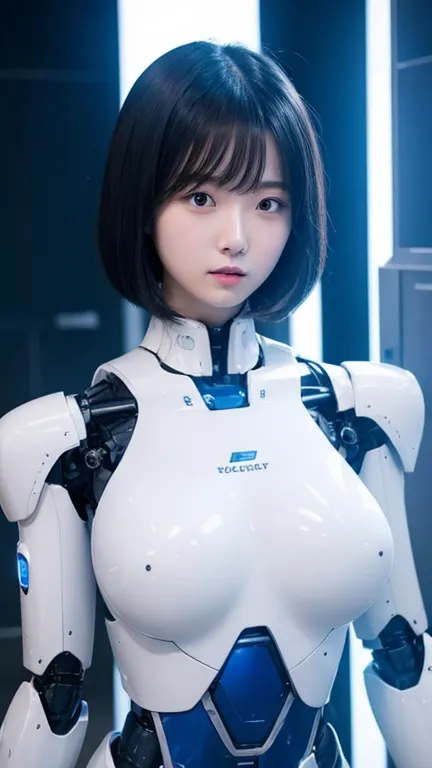 Robot Woman　  robot limbs   　  high school student 　   white robot parts 　The Laboratory of the Future　 blue light on chest 　White body 　   black hair　Magnificent nipples