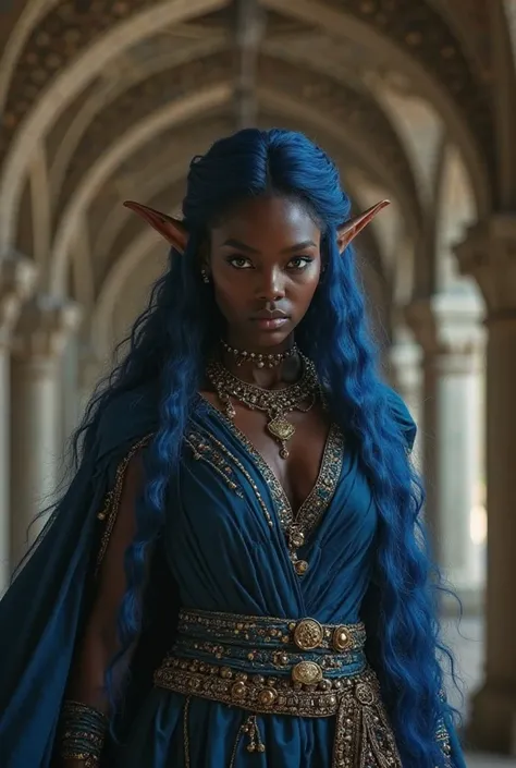 Upper body shot, African woman, pointed elf ears, dark skin, blue velvet hair, closed mouth, ancient elven noble attire, elven jewelry, dynamic pose, complex fantasy character, NSFW, cinematic lighting, fantasy, magic, detailed background, in ancient elven...