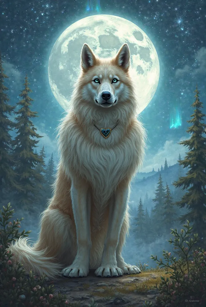 Loup Garou femelle baige et blanc cheveux lond au yeux bleus collier en forme de coeur un manteau paysages  une grande Lune dériére le loup en avec aurores boréales étoiler