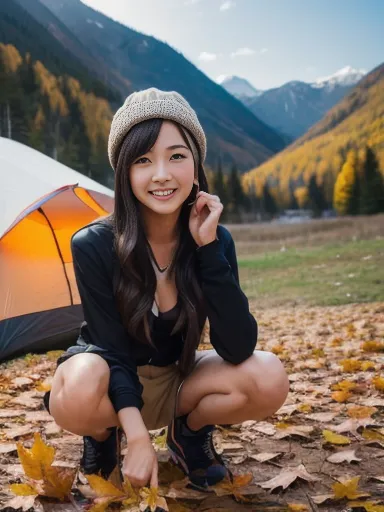 camp, tent, campfire, mountains with autumn leaves, crouching, black cap, autumn atmosphere, ((masterpiece)), ((best quality)), (ultra-detailed), ((beautiful eyes)), Japanese female, (slender:1.3), ((30 years old)), beautiful, (flat chest:1.1), (cheerful g...