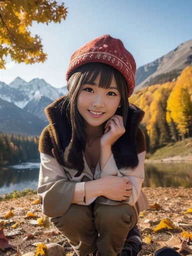 camp, tent, campfire, mountains with autumn leaves, crouching, black cap, autumn atmosphere, ((masterpiece)), ((best quality)), (ultra-detailed), ((beautiful eyes)), Japanese female, (slender:1.3), ((30 years old)), beautiful, (flat chest:1.1), (cheerful g...