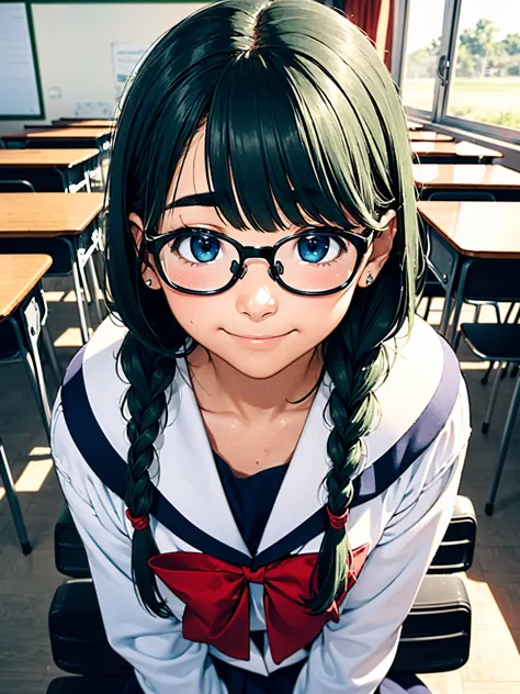  8K product,( masterpiece:1.3), top quality, detailed image , female 1,Symmetrical, 18 years old ,Medium,(smile,smile,),( green hair,With bangs,two braids),( thick eyebrows,thick eyebrows),( blue eyes , blue eyes),(Frameless Glasses, Thin Framed Glasses  ,...