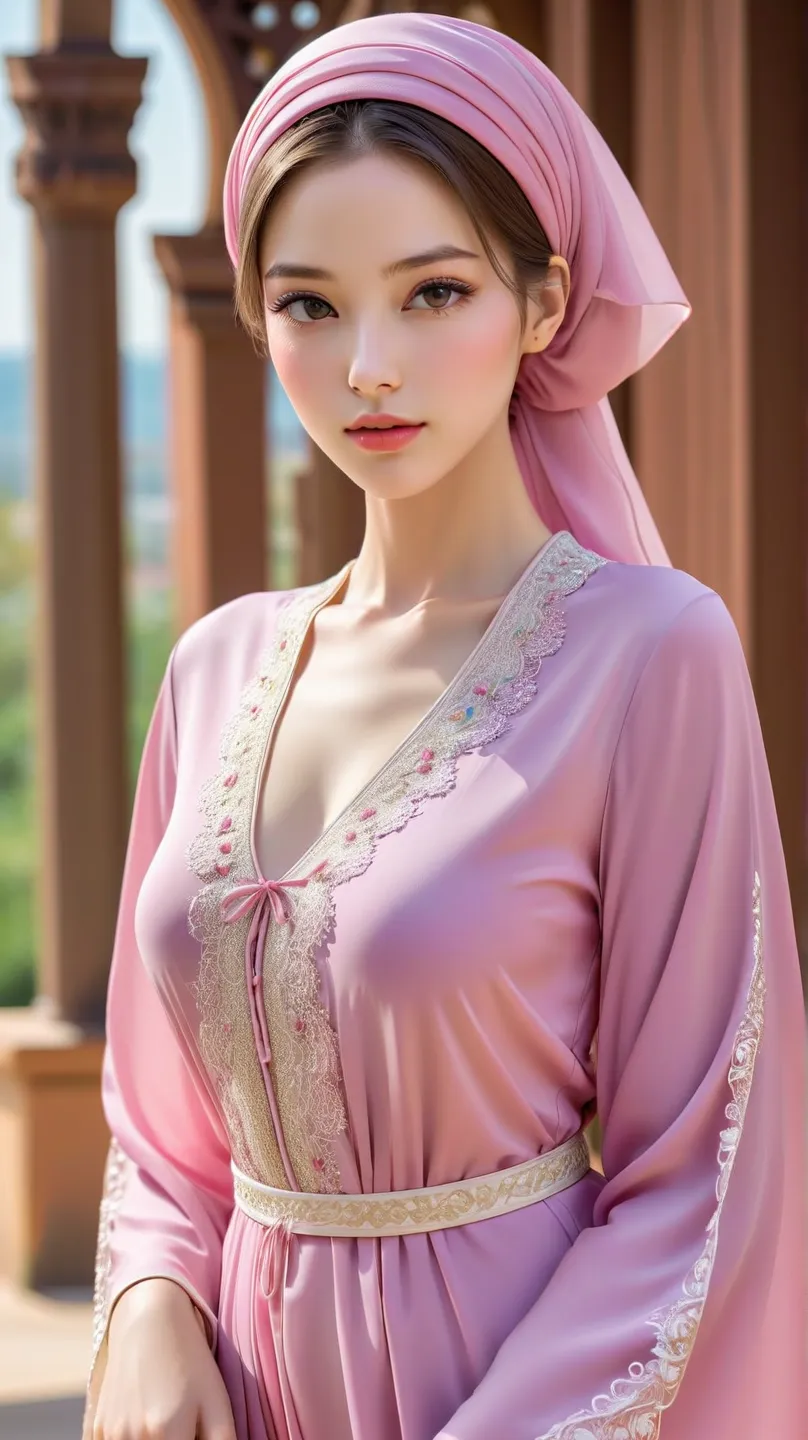 Close-up of a woman wearing a pink kaftan and hijab, pale milky white porcelain skin, fair skin, skin smooth and translucent, surreal sweetness, brown color hair , high ponytail colorful eyes, pale porcelain white skin, smooth and realistic perfect body, a...