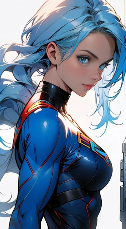 masterpiece, best quality, highres, 1girl light blue hair Supergirl, classic bodysuit from side, looking at viewer, 