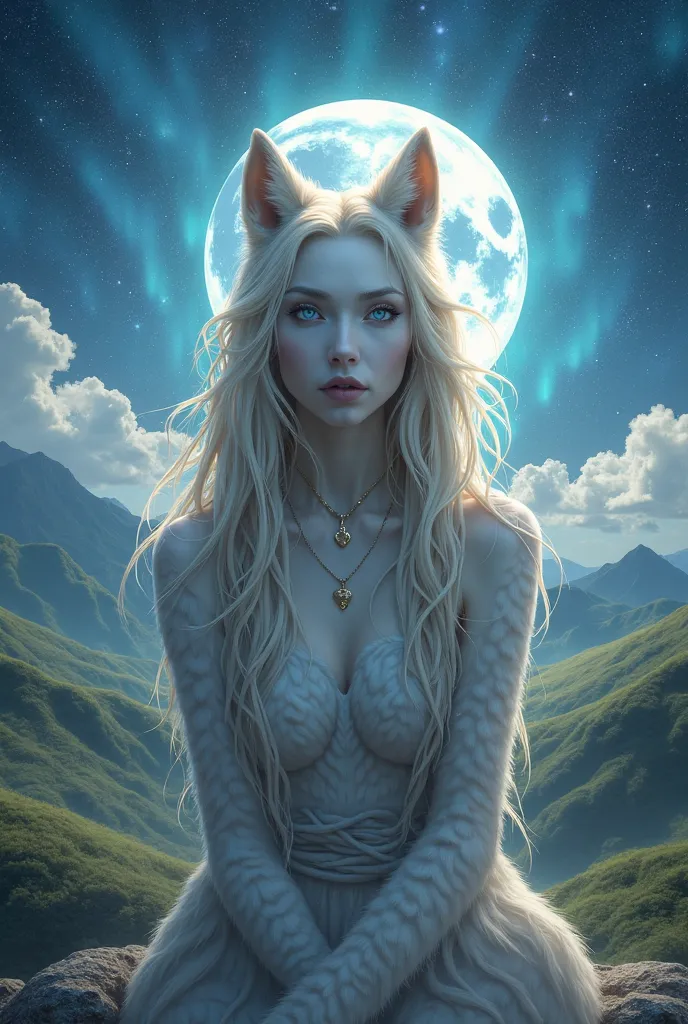 Werewolf female bathed and white hair blond hair a wick on the side with blue eyes heart-shaped necklace a mantle landscapes a big Moon to write with aurora borealis star