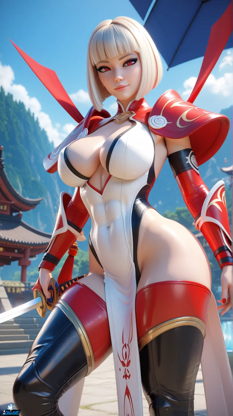 a beautiful woman with big breasts slim waist and big thighs, he is training with a long samurai that is longer than his body and he swings the sword gracefully and dazzlingly in the silent night the moonlight that illuminates his body makes his body look ...