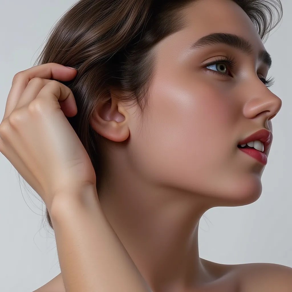 one woman、Picture taken horizontally from the side、Beautiful girl scraping up her hair with one hand to show her neckline and nape