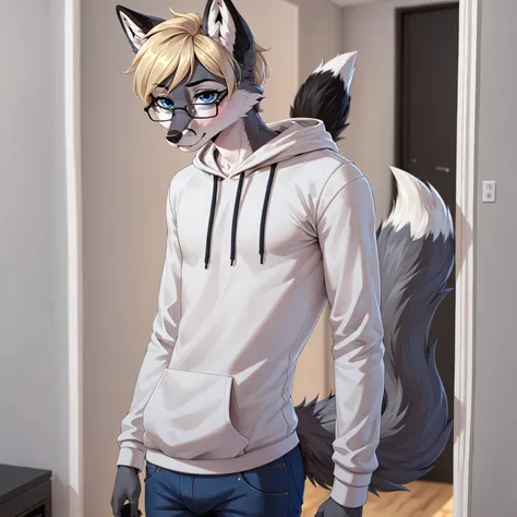 Solo male, age 26, 175, weight 75kg ,  Anthropomorphic fox , hoodie with Black-silver fur  ,  skinny build , not married,  virgin, short blond hair on the head, big blue eyes,  square glasses, vision -7 in both eyes, speaks Russian, is wearing a dark gray,...