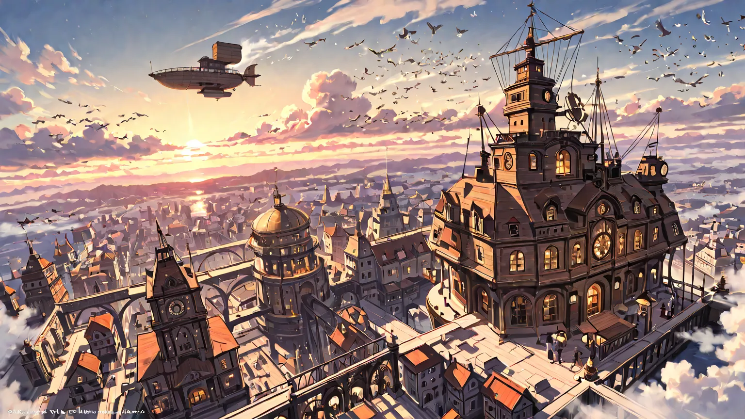 (masterpiece, top quality, highly detailed, 4K, incredibly absurdres),  Landscape, morning, morning焼け, dawn, City, In the sky, Artificial Island, airship, airshipの上に構成されたCity, 鎖で連結されたairship, Bridge of Steam and Iron, Floating City, Steam civilization, Ste...