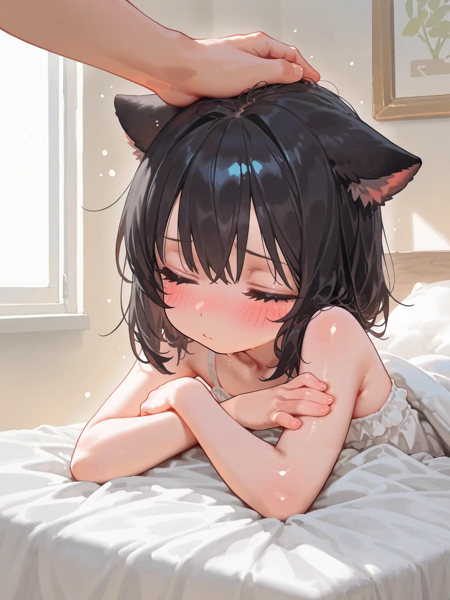 (Masterpiece), (best quality), 4k, 8k, flawless, detailed, home, bed, 1girl, looking away, cute catgirl, pat on the head,young, calm, closed eyes, amazingly beautiful, blushing, shiny skin