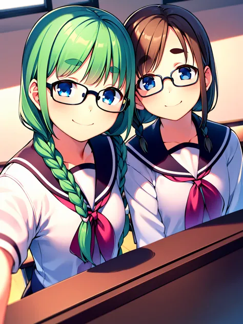  8K product,( masterpiece:1.3), highest quality, detailed image , female 1,Symmetrical, 18 years old ,Medium,(smile,smile,),( green hair,With bangs,two braids),( thick eyebrows,thick eyebrows),( blue eyes , blue eyes),(Frameless Glasses, Thin Framed Glasse...