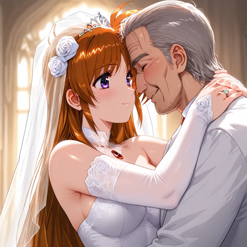 ((highest quality)), ((masterpiece)), (details), （perfect face）、Nanoha Takamachi, who has excellent proportions, has a gentle smile, wears a gorgeous pure white brown wedding dress, is dressed with gorgeous jewelry accessories, has a wedding at a gorgeous,...