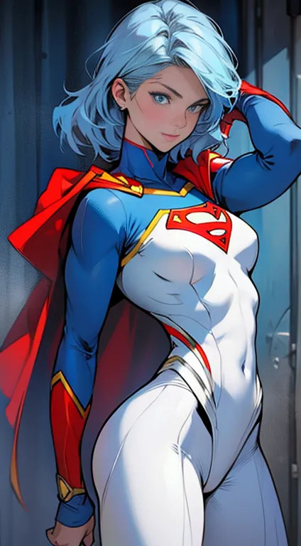 Supergirl, masterpiece, best quality, highres, 1girl, light blue hair Supergirl, classic bodysuit from front, looking at viewer, muscle flexing