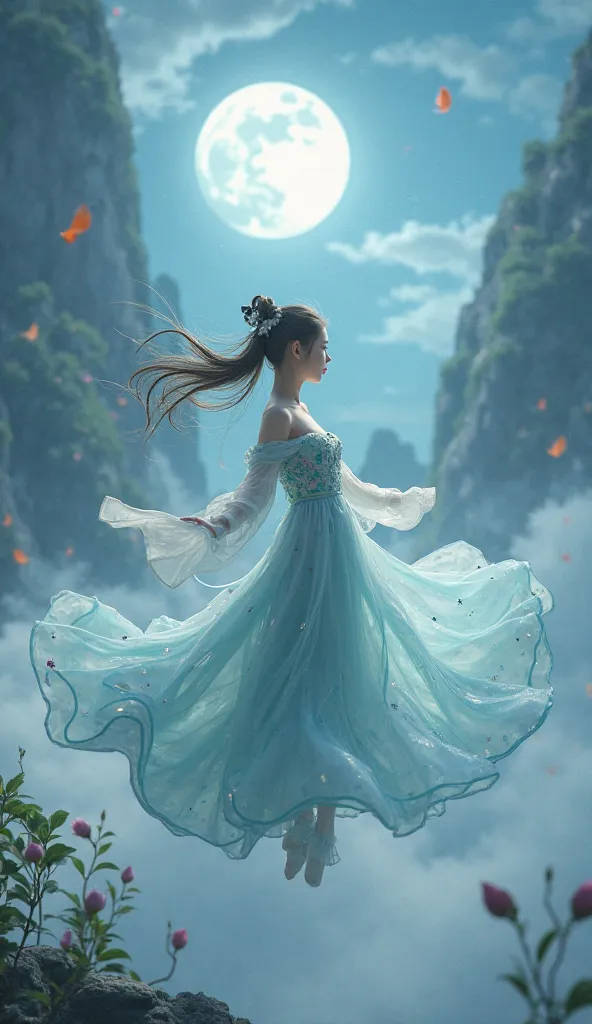 「9:16 vertical composition｜ 3D Rendering Style ｜Wonderland moonlight penetrates the fog，The heroine floats bare-shouldered in the air，silk skirt with translucent water waves and curls with the wind，Concealed flowing star embroidery on the front。character f...