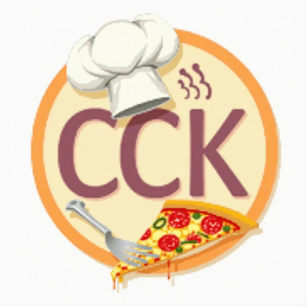 Create a circular hyper realistic logo for a food website with the letters "CCK" as the central focus. The logo should be set on a cream-colored circular background (#FFF8E1) with an orange rim/border (#FFB74D).


Include these food elements:
- A triangula...