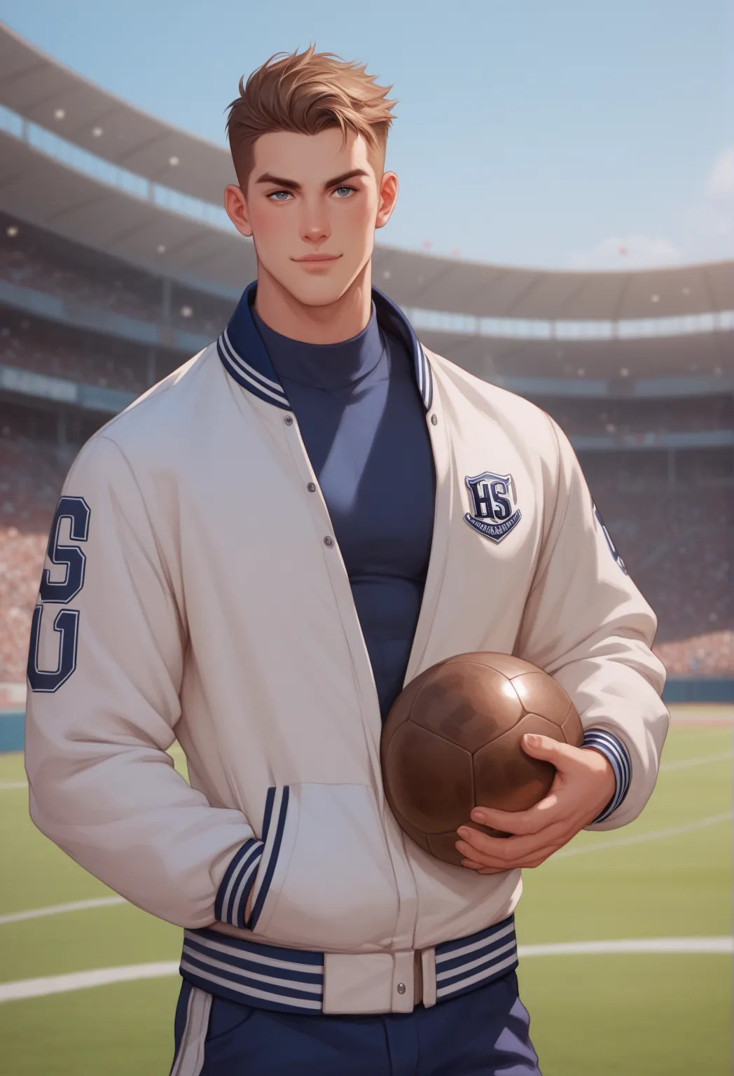 A handsome athletic build man in his 20s, he is in a varsity letterman jacket. He is looking at the viewer. The background is an urban football field. confident pose.