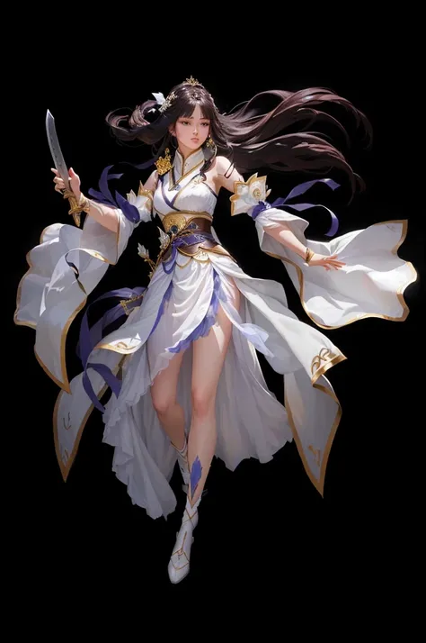 A woman in a white dress、 holding a sword, Full body fairy,  is inspired by a close-up shot of a box of chocolates on Ju Lian's , yun ling, Inspired by Du Qiong, xianxia hero, Full body martial arts, Yang qi, bian lian,  Heise-lian Yan Fang,  heise jinyao,...