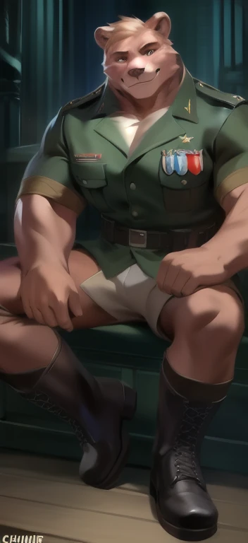  alone,  man big tall , Sitting inside ., in wardrobe black green​ underworld , pink bear  ,black Green military Army uniform ,  wearing boots ,  heavy overload,  muscle,  smirking , by chunie 