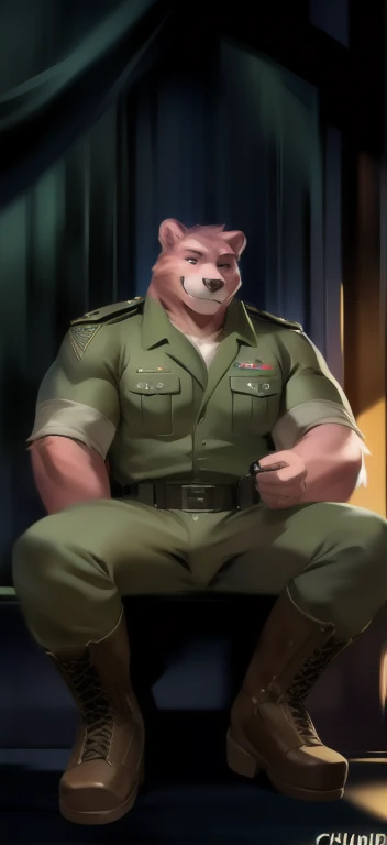  alone,  man big tall , Sitting inside ., in wardrobe black green​ underworld , pink bear  ,black Green military Army uniform ,  wearing boots ,  heavy overload,  muscle,  smirking , by chunie 