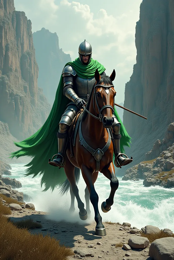 A knight was designed for me in a battle near the cliff of the river. He rides a horse and wears green clothes without showing his face and his hand
