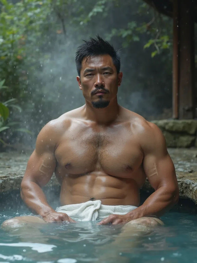 naked Chinese man in a Japanese hot spring outdoors, a little belly, bulge, strong, strong, perfect body, hairy chest, NAKED, sweaty,  towel around the waist, hunk, handsome