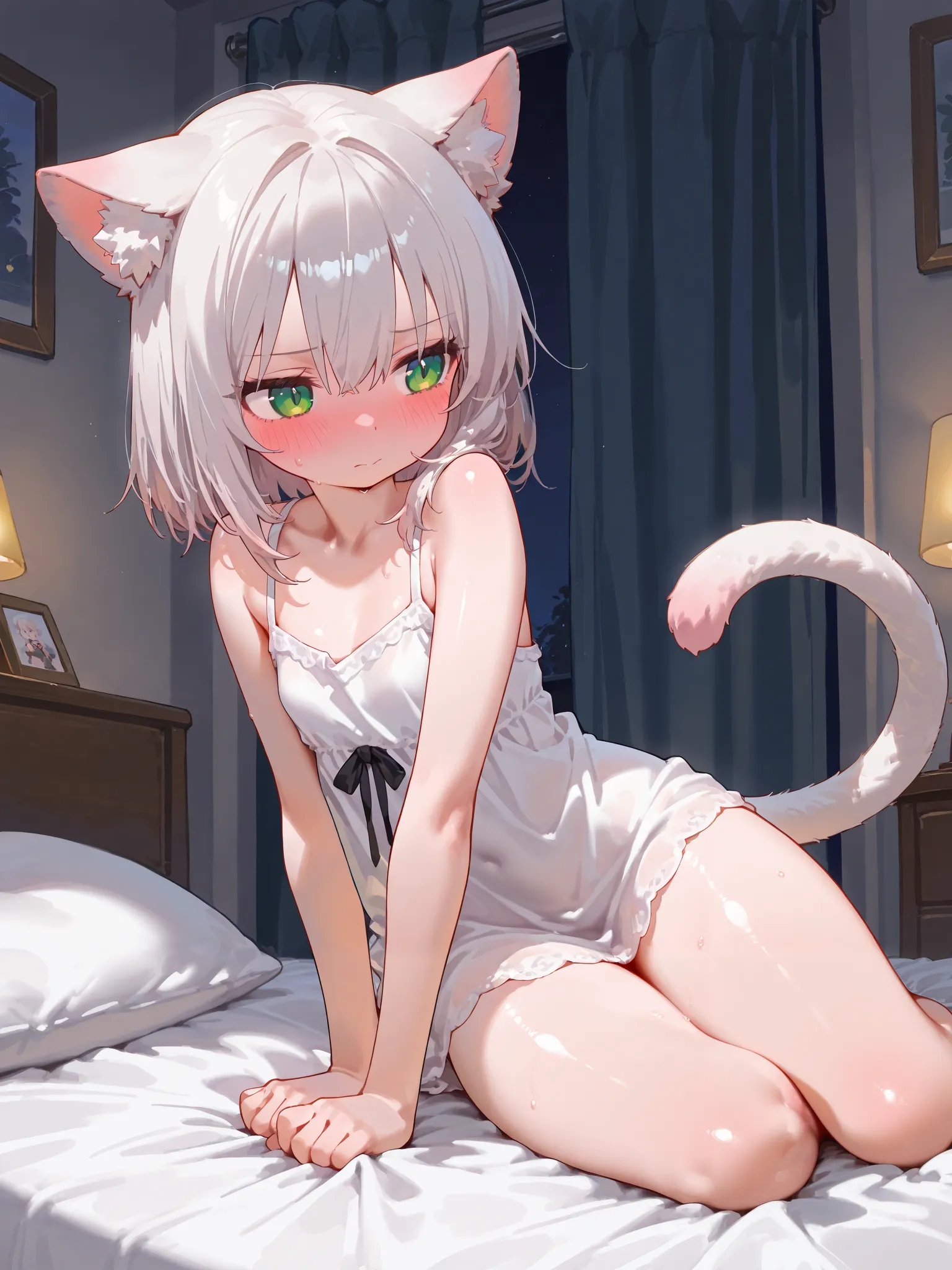 (Masterpiece), (best quality), 4k, 8k, flawless, detailed, home, bed, 1girl, looking away, cute catgirl, pat on the thighs, young, blushing, amazingly beautiful, blushing, shiny skin