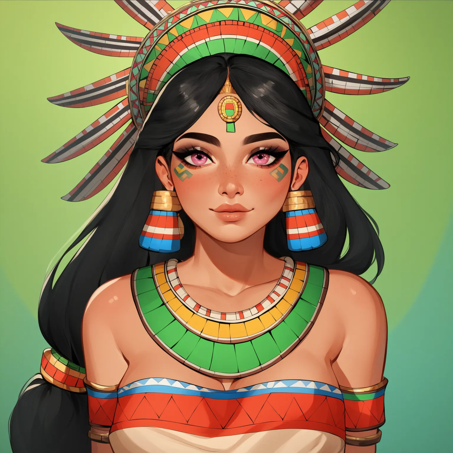 aztec girl, beautiful girl, adult girl, aztec ornament, black hair, long hair, pink eyes, beautiful multicolored chest band, multicolored skirt, human ears, in full growth, light blush, thoughtful face, white skin, imperious face, Высокое разрешение, Шедев...