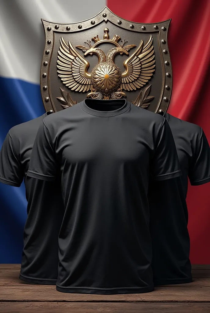 3 BLACK T-SHIRTS ON THE BACKGROUND OF a beautiful shield and the Russian flag