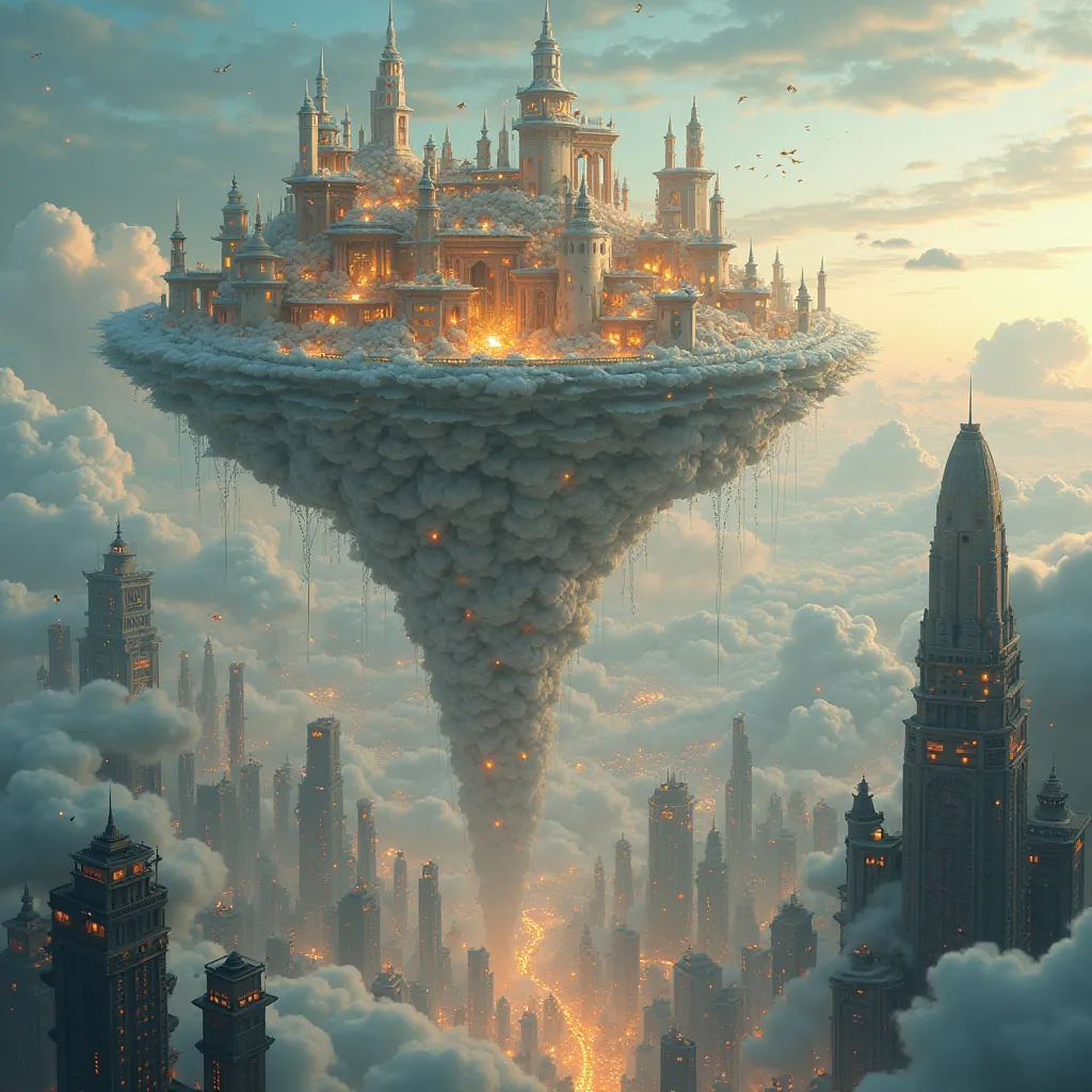 A breathtaking floating Lilliputian city thrives among the clouds, suspended high above a futuristic metropolis. The scene is split, showcasing the bustling modern city below with towering skyscrapers, neon-lit streets, and advanced technology, while above...