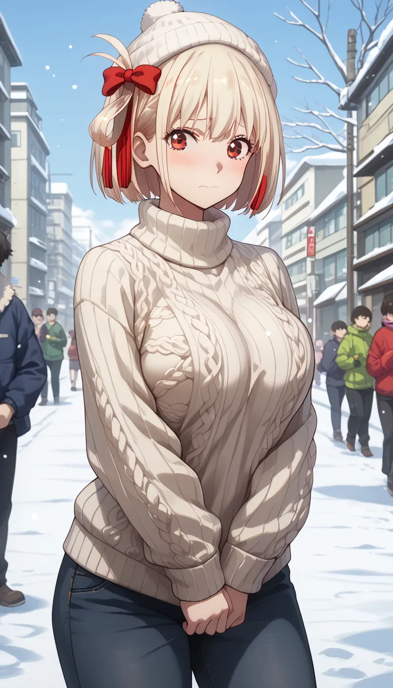 chisato nishikigi, short hair, bangs, blonde hair, red eyes, hair ribbon, one side up, bob cut, large breasts, (highlighted breast:1.4), knit hat, knit sweater, tight sweater, (tightly:1.3), pants under sweater, very oversized sweater, moe-Sode, short pant...