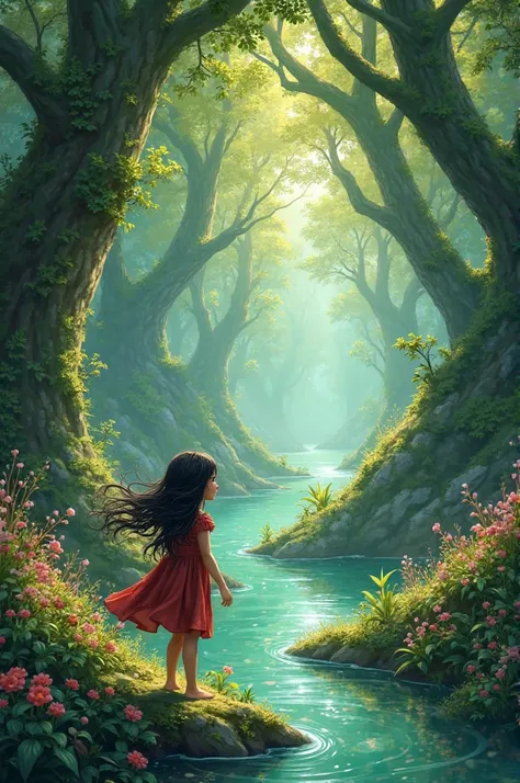 In the deep green forest, where the trees touched the sky and the river sang sweet songs, lived a brave girl named Zahra. Zahra loved to roam the woods, climb trees, and swim in rivers.
