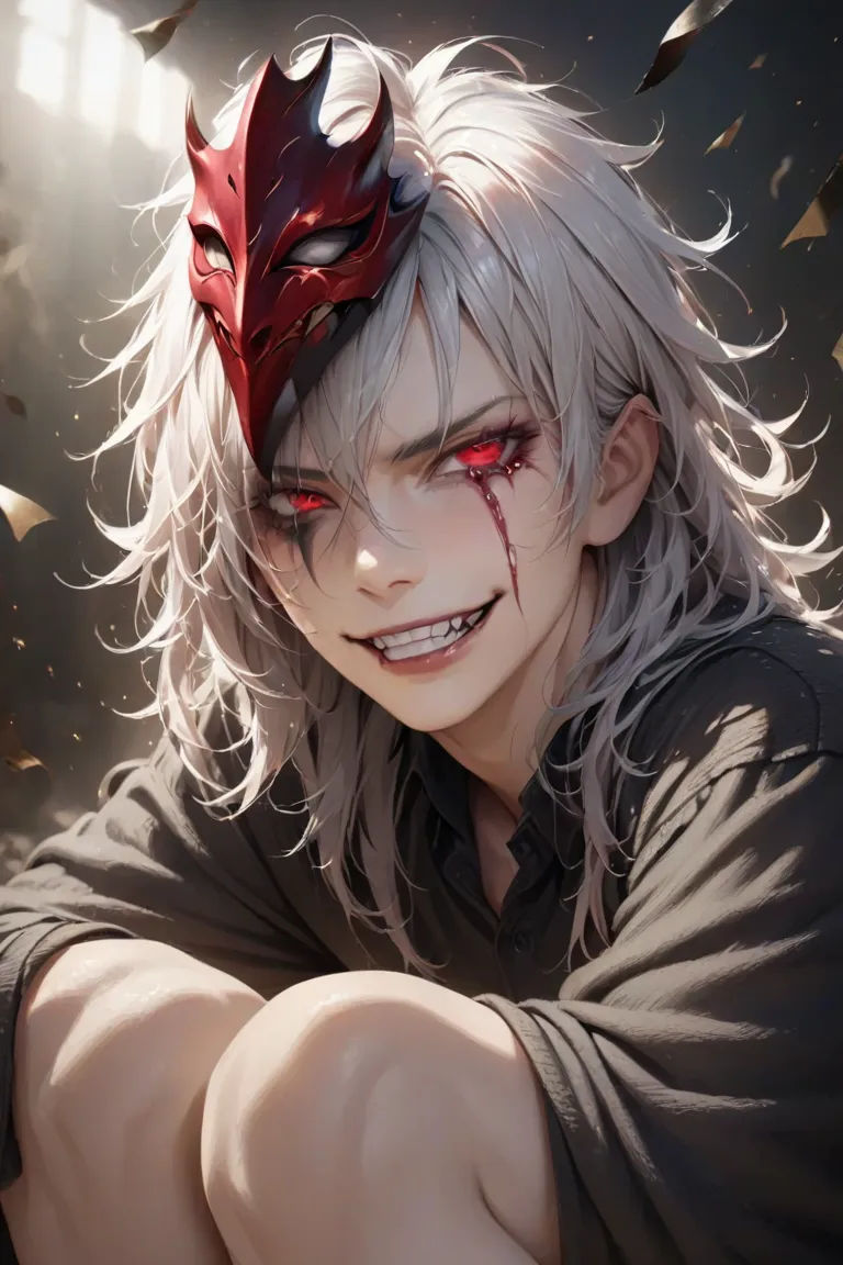 dark.1Man,black confetti,white hair,messy hair,evil grin,red tears,tongue out,Snake eye,red eyes,Half evil mask,Feet Together,Head Tilted, realistic texture and color 、high quality