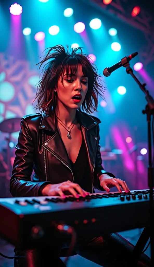 “A bold and energetic woman in a black leather jacket, playing an electric keyboard on stage, surrounded by neon lights and a dynamic rock concert atmosphere. Her hair is wild, and she has an intense, passionate expression. The background features an elect...