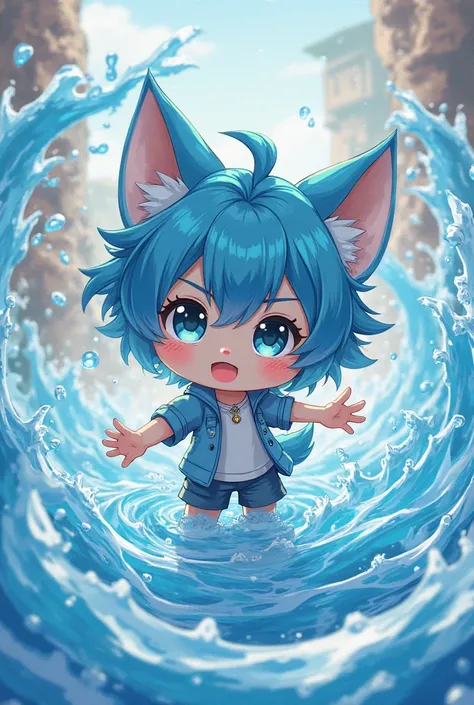 Blue-haired anime wolf boy chibi is controlling the streams of water