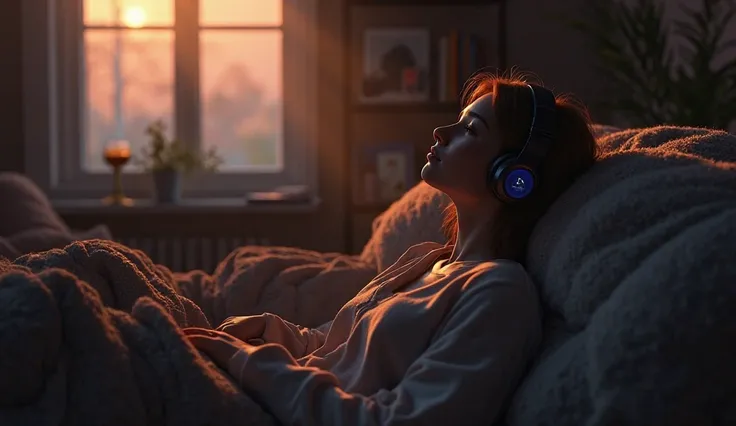 People who are indulging in music — it could be a picture of someone wearing headphones, sitting by a window looking out, or leaning on a sofa under dim lights.