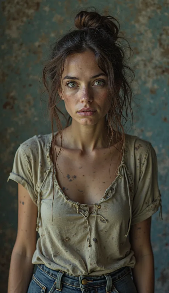 Create an unkempt and tired woman representing Monday, showing the physical manifestation of the exhaustion and dissatisfaction that many feel at the start of the workweek. She has a messy appearance, with unkempt hair and dull, tired eyes. Her clothes are...