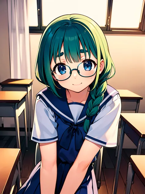  8K product,( masterpiece:1.3), top quality, detailed image , female 1,Symmetrical, 18 years old ,Medium,(smile,smile,),( green hair,With bangs,two braids),( thick eyebrows,thick eyebrows),( blue eyes , blue eyes),(Frameless Glasses, Thin Framed Glasses  ,...