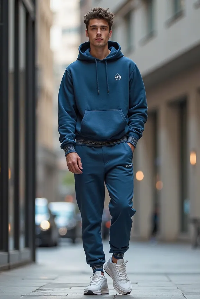 Men Casual Cool: Indigo hoodie + joggers + sneakers