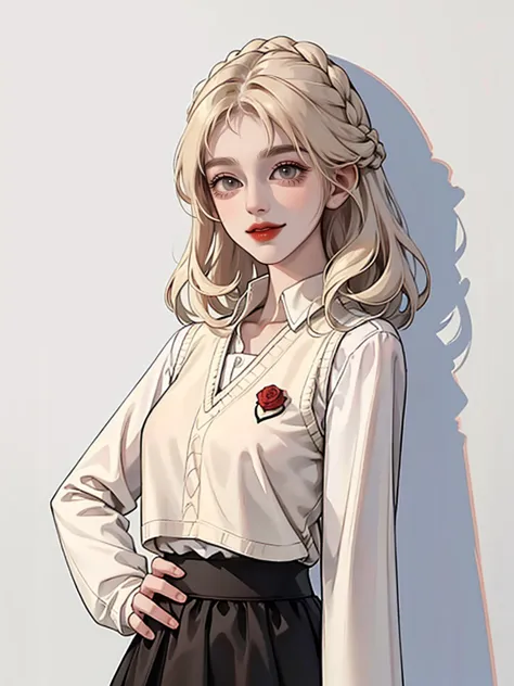 1girl,cream short wavy hair,rose pin in her head,wear a shirt with collars,long sleeve,dusty knit vest,black high-waisted skirt,standing with hands on hips,in front of White wall,(((Beautifull))),smile witj a cheerfully