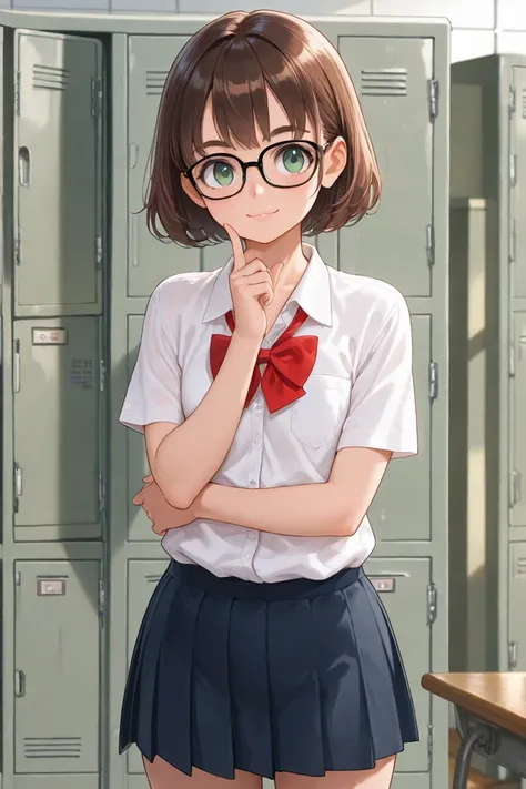 Femboy, cute, short short brown hair, green eyes, glasses, nerd, school, lockers background, soft smile