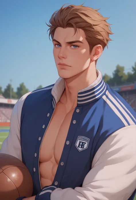 A handsome athletic build man in his 20s, hair across his face, he is in a varsity letterman jacket. He is looking at the viewer. serious expression, The background is an urban football field. confident pose.