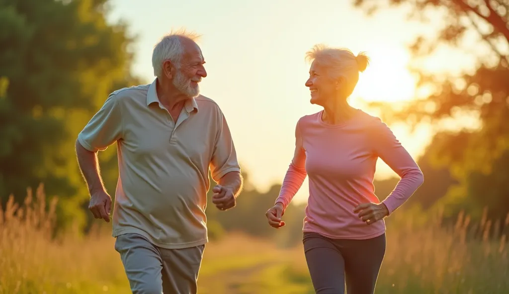 A smiling elderly couple doing light exercise, looking happy and active despite arthritis. Vibrant colors, sunny outdoor setting, and a hopeful atmosphere.