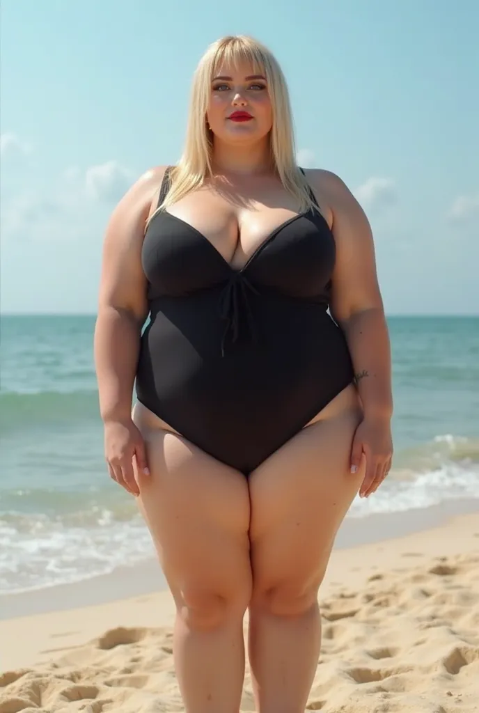 A beautiful morbidly obese busty blonde straight-haired blue eyed woman resembling like a French cinema actress, 21 years old, wearing black one-piece swimsuit, high heels, having humongous and enormous tits, fat voluptuous and flabby arms, fat elbows, hig...