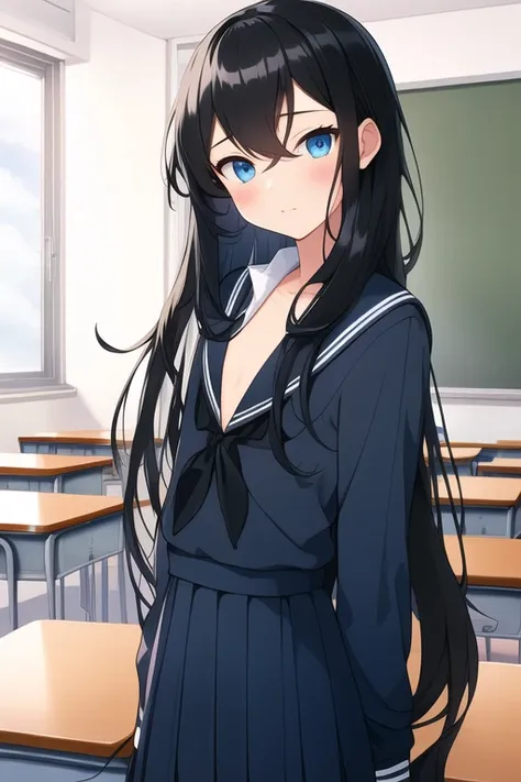 (( top quality)), ((  Masterpiece )), (  Details)
(((BLACK long hair BLUE inner hair)))
blue eyes
(((flat chest)))
Front cover
school uniform、classroom