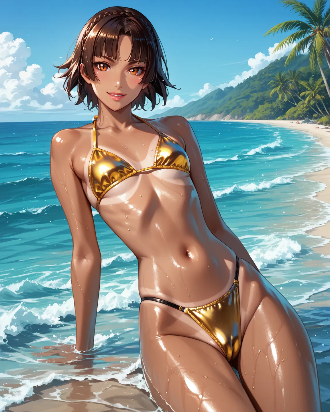 cinematic film still, solo, 1girl, BREAK dark_tanned makoto niijima sexy posing on beach, small breasts, flat chest, shiny golden bikini, bikini_bottom_with_bows  BREAK beach, ultrasexy pose, cameltoe, beautiful, graceful, elegant, BREAK beautiful scene BR...