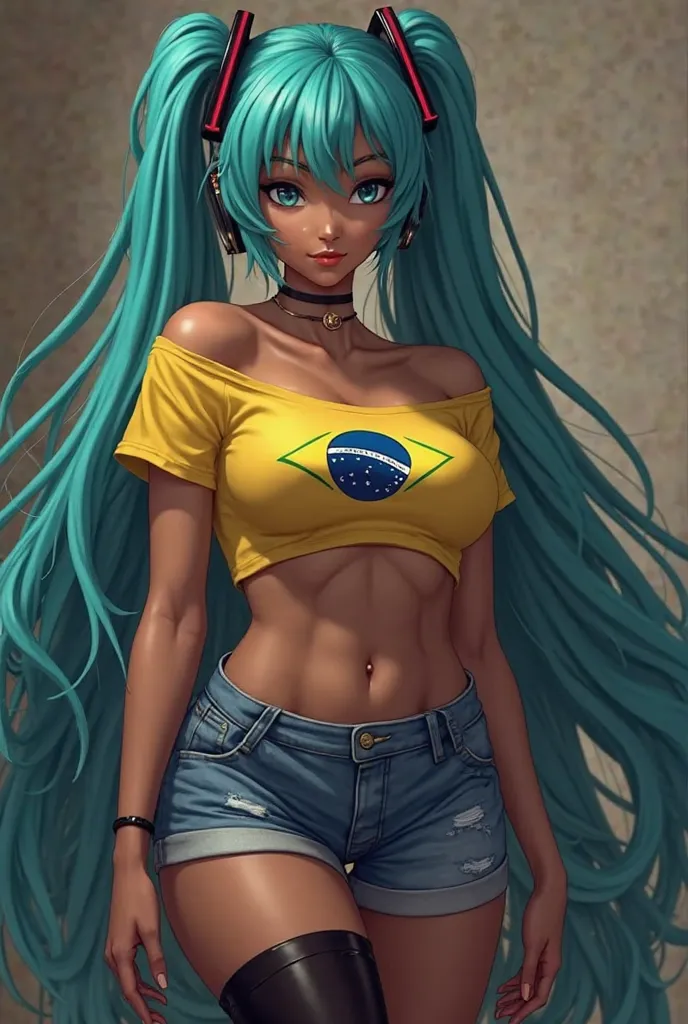 Hatsune Miku adult with brown skin, blue hair, thick legs,  big bust, dressed in denim mini shorts, tight black tights and a small yellow t-shirt with the Brazilian flag that doesn't cover her navel