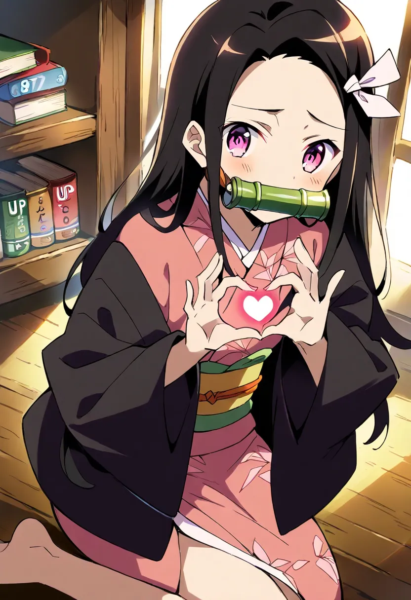 score_9,score_8_up ,score_7_up ,score_6_up , source_anime,   girl,  Heart Hand，nezuko， long hair, dark hair, pink eyes, bit gag, bamboo gag, Pink Kimono, Black Jacket, barefoot, Japanese cozy bedroom,  kneeling on a wooden floor ,  bookshelf full of books ...