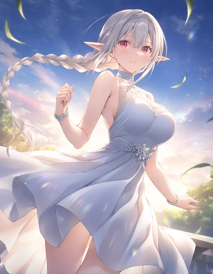 1elf girl,elf princess,big breasts,silver silky hair,red blue eyes,beautiful detailed eyes,closed mouth,blushing,sky noble dress,outdoors,wind,fantasy,game CG,break,(artist:mitsumi_misato),artist:fujiyama,artist:suzumori,break,(masterpiece),(best quality),...